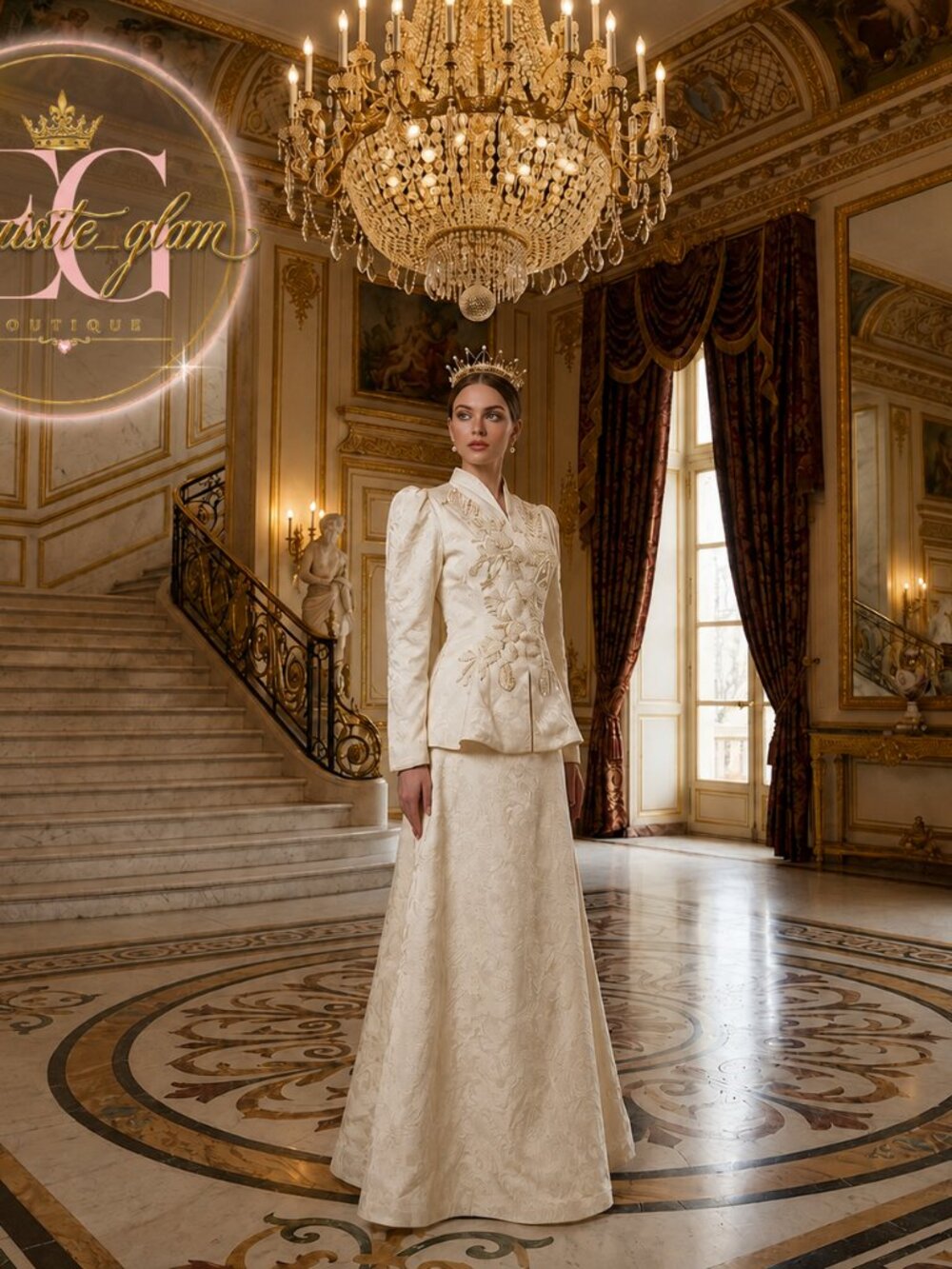 Gorgeous Beaded Bridal Gown Couture Designer Embroidery Wedding Dress Set Outfit